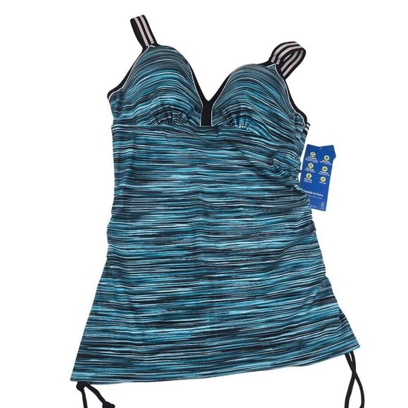 New Womens Size M Lagoon Stripe Tankini Swim Top Adj Strap Ruching Blue Black Sw - Picture 1 of 8